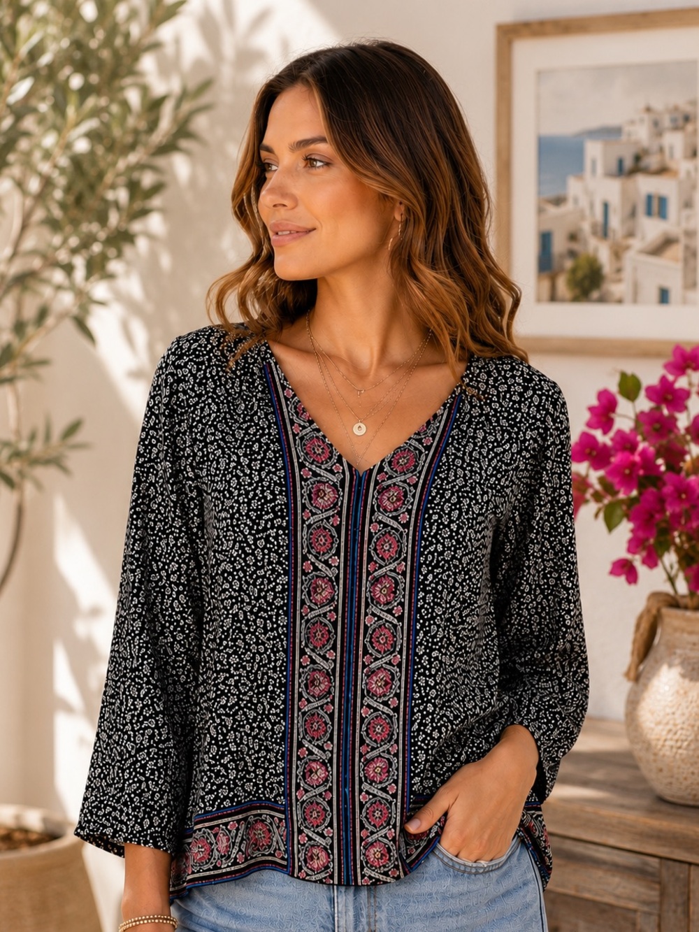J Jill Black‎ Floral Medallion V-Neck 3/4 Sleeve Top Small Rayon Tencel Blend